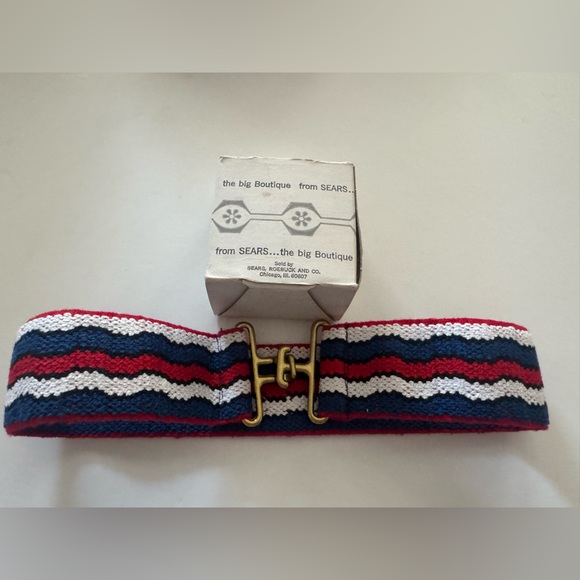 Vintage Sears “the big Boutique” Red, White, & Blue Striped Stretchy Belt & Box - Picture 1 of 8